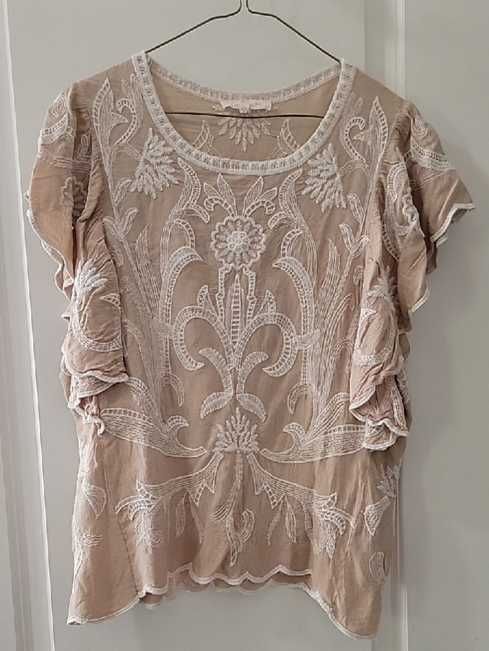 Solitaire Beige Embroidered Ruffle-Sleeve Blouse